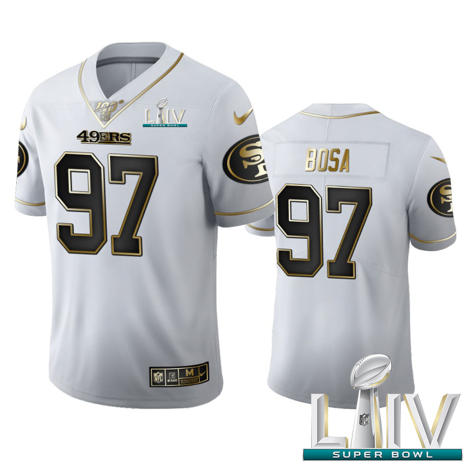 Men's San Francisco 49ers #97 Nick Bosa White With Super Bowl Patch 100th Season Golden Edition Limited Stitched Jersey